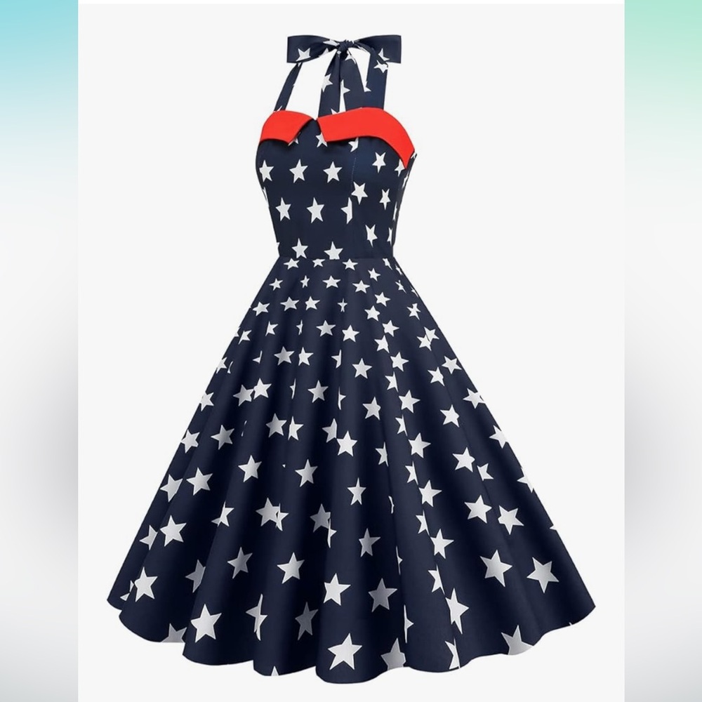 Patriotic PinUp Star-Patterned Halter Dress